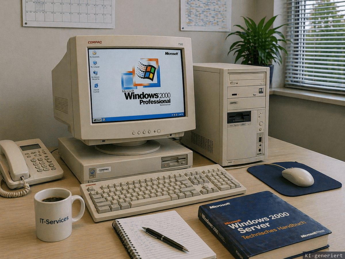 Büroarbeitsplatz aus den frühen 2000er-Jahren mit Röhrenmonitor und Windows 2000