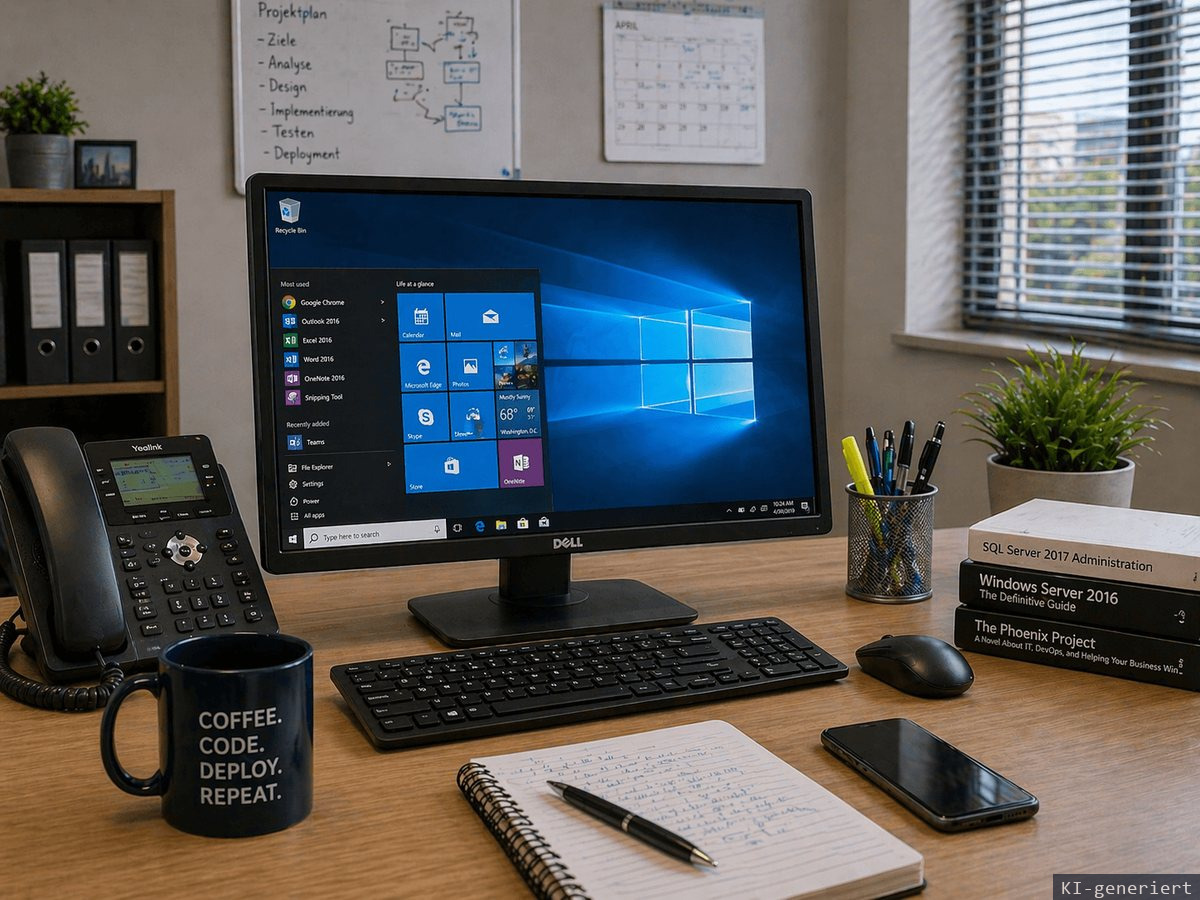 Büroarbeitsplatz mit einem Rechner unter Windows 10