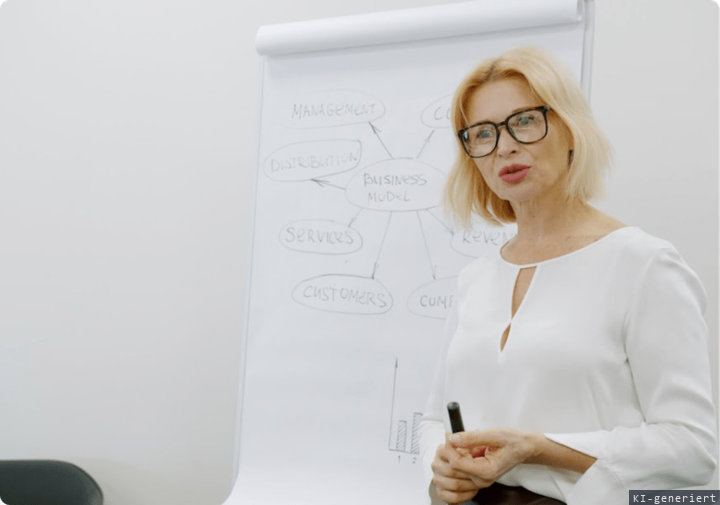 Beraterin erläutert einen Ablaufplan am Flipchart