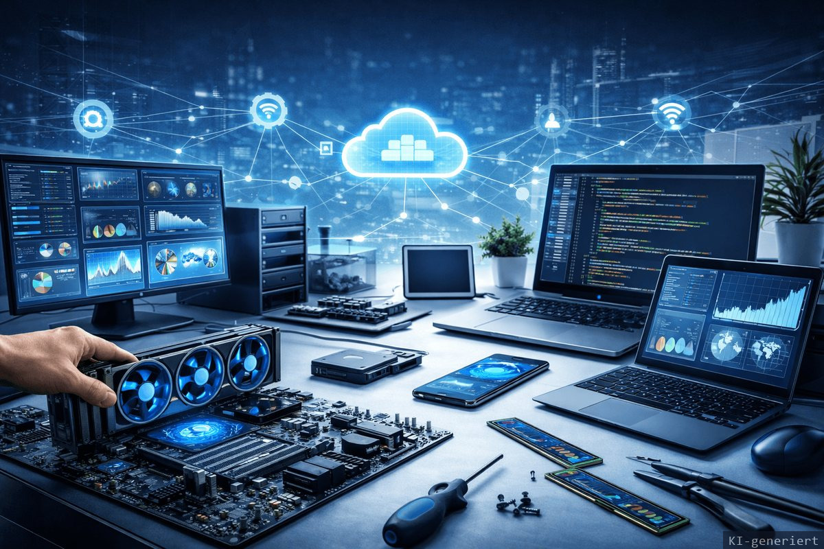 Arbeitsplatz mit mehreren Monitoren, Notebook und Computer-Hardware