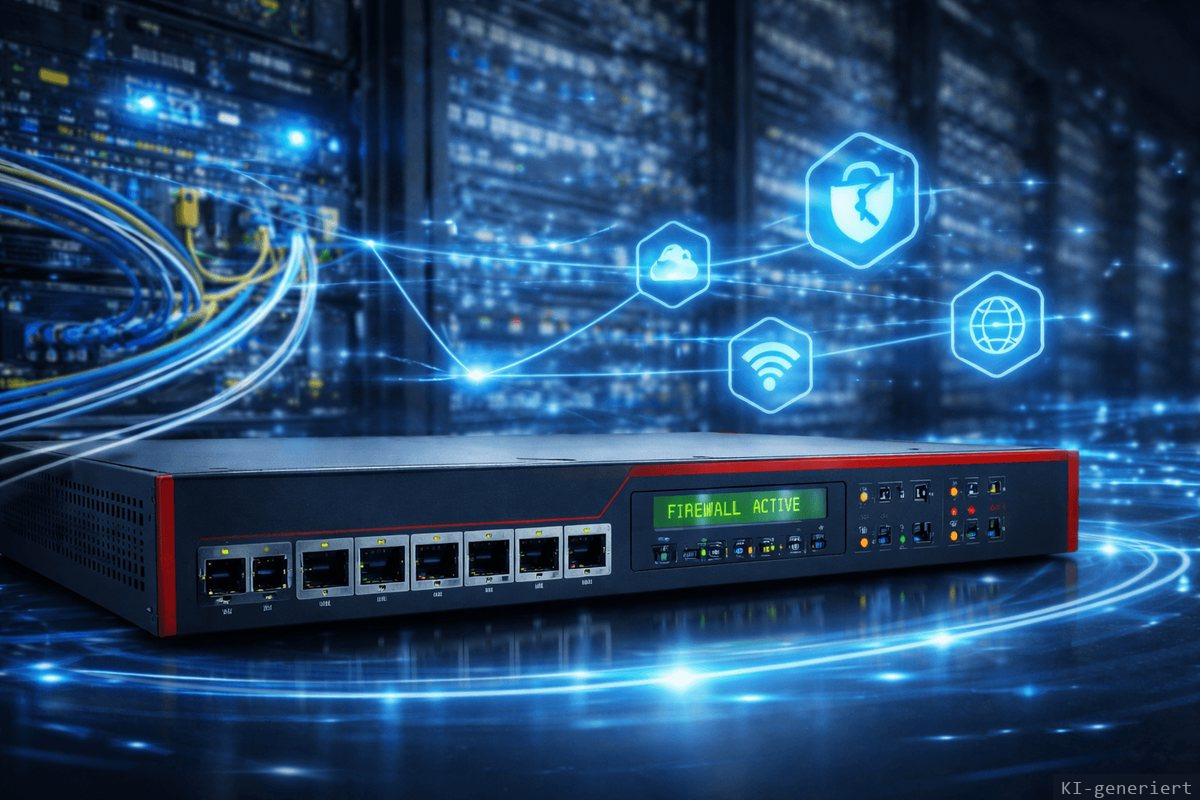 Firewall-Appliance im Serverschrank, umgeben von Netzwerk-Symbolen