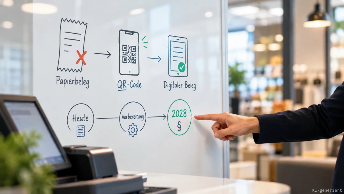 Whiteboard neben einer Kasse zeigt den Weg vom Papierbeleg über einen QR-Code zum digitalen Beleg und eine Hand, die auf 2028 zeigt