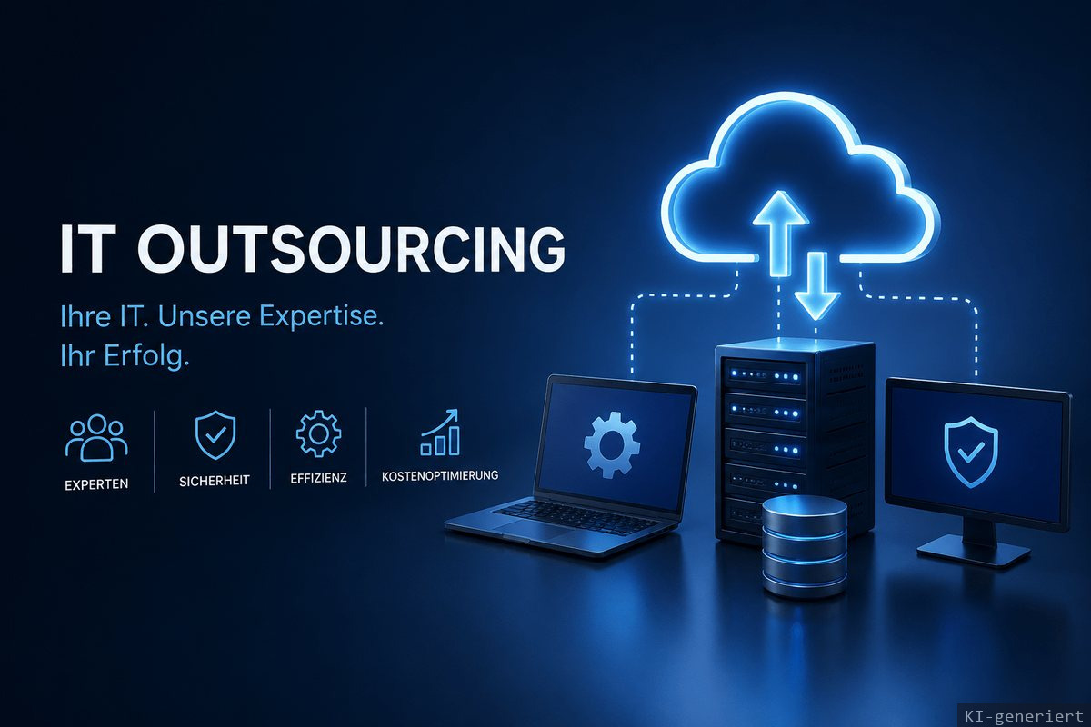Grafik IT-Outsourcing: Cloud- und Serversymbole mit den Stichworten Experten, Sicherheit, Effizienz und Kostenoptimierung